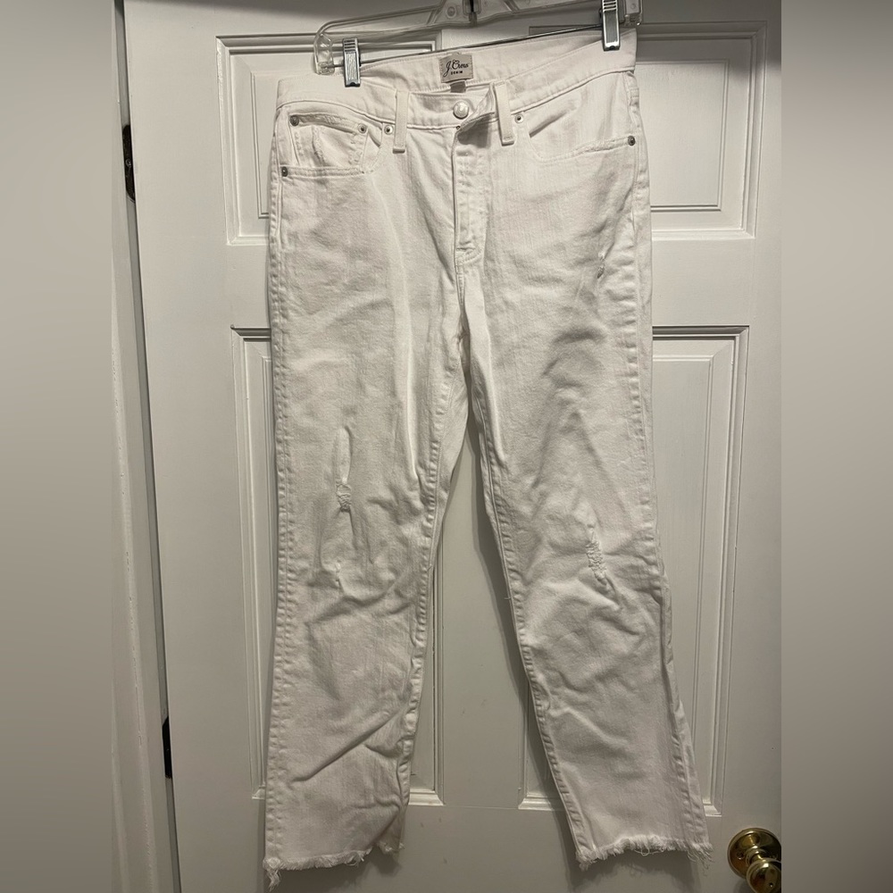 J Crew white denim slim boyfriend jeans size 28 light distressing and frayed hem